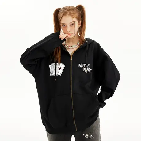 Nuthink美式高街中性风扑克开衫卫衣男女同款潮牌ins大码外套冬季商品大图