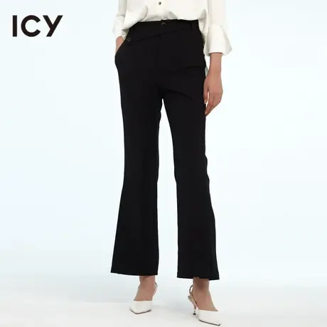 icy女装原创春季新款复古风时尚喇叭裤下开叉女长裤休闲裤黑色商品大图