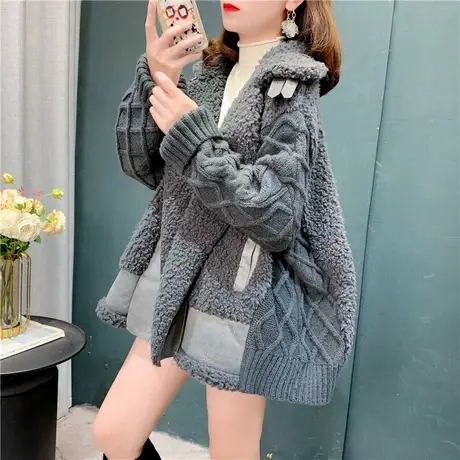 羊羔毛拼接毛衣外套女2023年新款春装韩版宽松慵懒风加厚拉链上衣商品大图