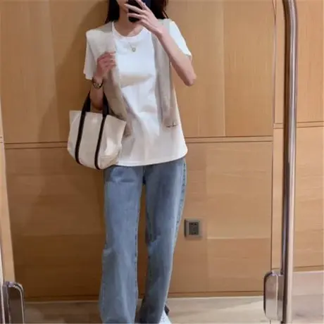 新疆棉正肩白色短袖T恤女装内搭纯色2024年圆领夏季简约体恤上衣商品大图