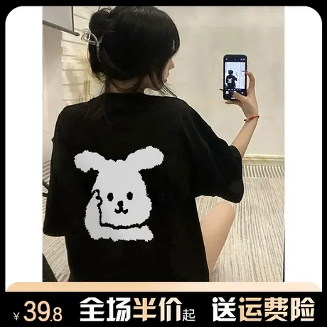 纯棉加厚磨毛美式复古短袖t恤女2024新款夏季宽松设计感半袖上衣商品大图