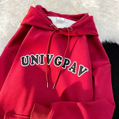 oversize美式复古连帽卫衣女ins潮牌秋冬加绒加厚宽松设计感外套商品大图