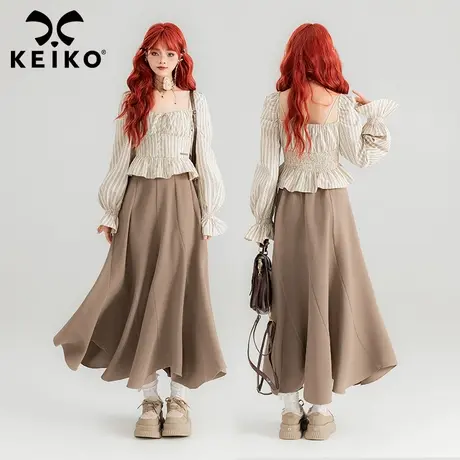 KEIKO 别致露锁骨方领长袖衬衫2024春夏法式通勤条纹打揽收腰上衣图片