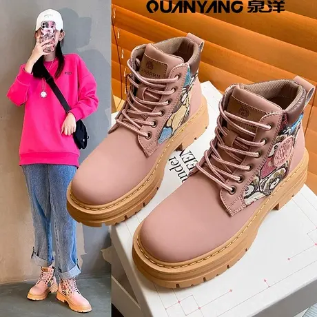 粉色马丁靴女款2024新款冬款加绒加厚棉鞋英伦风雪地靴女厚底爆款图片