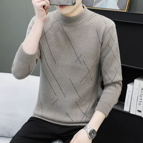 水貂绒毛衣男款半高领秋冬季加厚保暖打底衫韩版潮牌高端百搭上衣商品大图