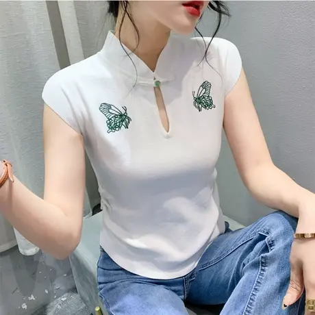 高级感复古盘扣上衣女短袖时尚蝴蝶刺绣T恤内搭半开领修身打底衫商品大图