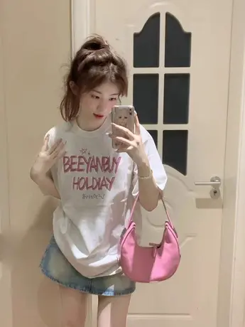 纯棉正肩短袖t恤女2024夏季宽松韩系半袖潮牌ins设计感小众上衣服商品大图