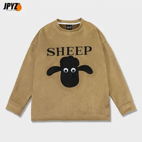 重磅卫衣男秋冬季设计感小众圆领外套美式麂皮绒男生上衣加绒加厚商品大图