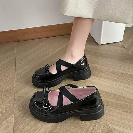 法式玛丽珍鞋女2024春夏季新款复古百搭浅口单鞋蝴蝶结粗跟小皮鞋商品大图