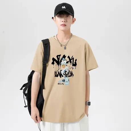 美式重磅纯棉短袖t恤男圆领上衣服夏季潮流宽松全棉半袖印花体恤商品大图