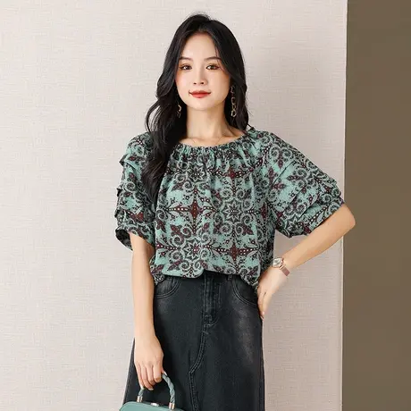 伊自尚2023年新款女装韩版大码胖mm夏季洋气百搭印花雪纺衫女上衣商品大图