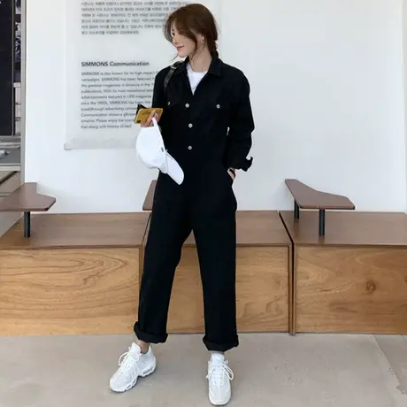 新款春秋季裤子女宽松工装裤连体裤高腰阔腿裤休闲裤直筒连体衣潮图片