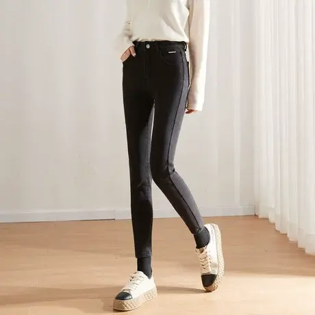 时尚气质修身加绒牛仔长裤2022年冬季新款淑女高腰显瘦通勤裤子图片