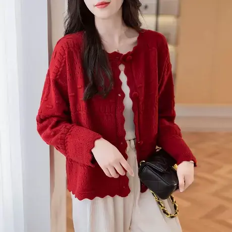 针织外套开衫女秋款女装2023年新款上衣小香风外搭开衫镂空毛衣女商品大图
