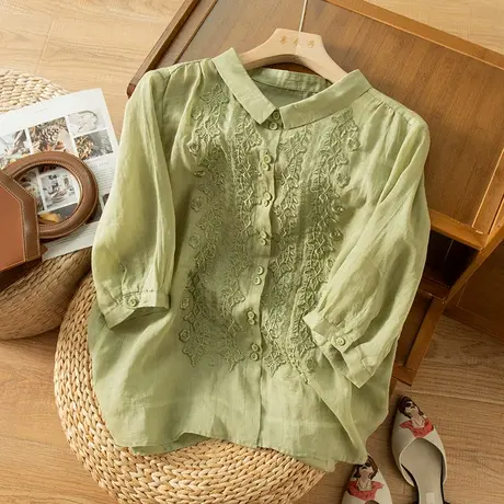 享永子七分袖刺绣苎麻衬衫女文艺复古设计感棉麻上衣2023春夏新款商品大图