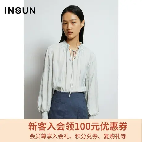 恩裳春秋季时尚气质木耳边绑带衬衫领小清新长袖衬衫图片