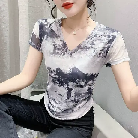 水墨画印花T恤女短袖夏季不规则弧形下摆上衣性感网纱小衫半袖潮商品大图