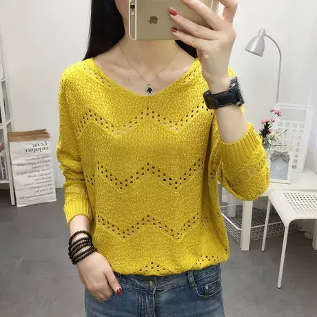 2022春装新款女士镂空针织衫外套网红洋气毛衣女宽松薄款打底衫女商品大图