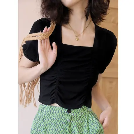 弥古法式方领短款掐腰鱼骨上衣女夏黑色冰丝针织短袖t恤修身体恤图片