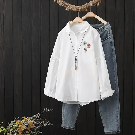 贴布花朵纯棉白色衬衫女长袖春季2023新款休闲百搭小个子打底衬衣图片