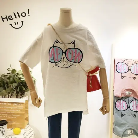2020夏款韩国东大门Ulzzang卡通猫竹节棉中长款T恤宽松显瘦大码商品大图