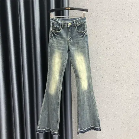 2023秋季新款复古怀旧磨白设计修身显瘦微喇裤时尚辣妹牛仔长裤女图片