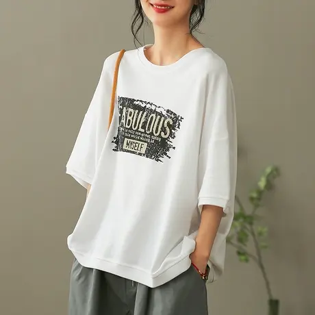 dza白色全棉圆领长袖t恤女士春季洋气内搭打底衫宽松显瘦短款上衣商品大图