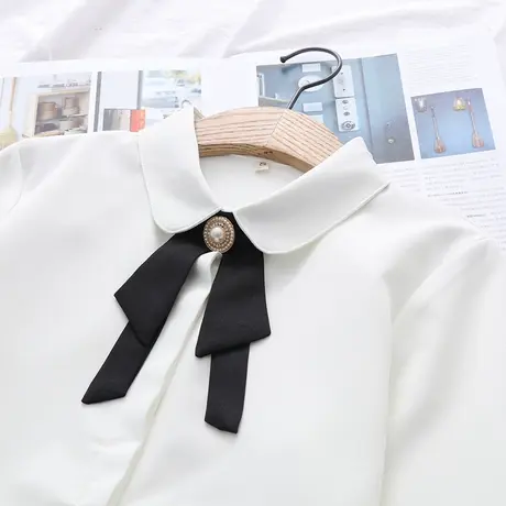 春装新款韩版雪纺衫女学院风蝴蝶结白色衬衣长袖韩范宽松打底衬衫图片