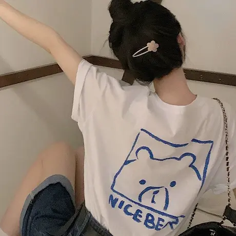 港味原宿风ins复古印花短袖t恤女夏设计感小众宽松中长款圆领上衣商品大图