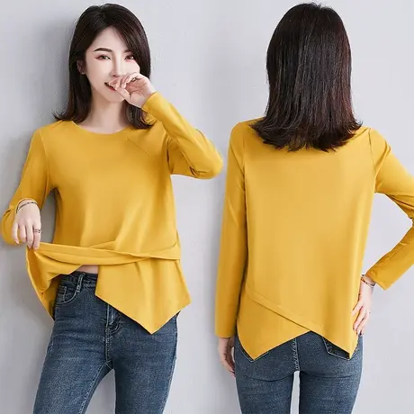 土黄色下摆不规则上衣女2023新款圆领宽松休闲打底衫春季长袖体恤图片