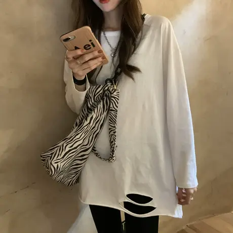 洋气内搭打底衫加绒春秋装冬季白色长袖t恤女中长款宽松百搭上衣商品大图