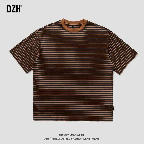 男士条纹重磅t恤男短袖夏季纯棉美式复古体恤男装ins潮牌宽松半袖商品大图