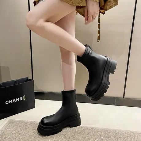 厚底松糕复古圆头气质显瘦短靴女2023秋季新款英伦风后拉链显腿长商品大图
