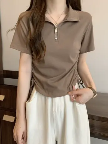 大码女装POLO领拉链抽绳短袖T恤胖妹妹正肩韩版百搭短款上衣200斤商品大图
