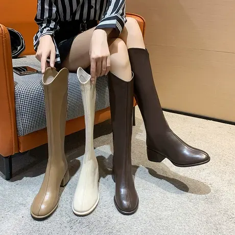 永希不过膝长靴V口长筒靴女胖mm粗腿大筒围显瘦粗跟高筒骑士靴女商品大图