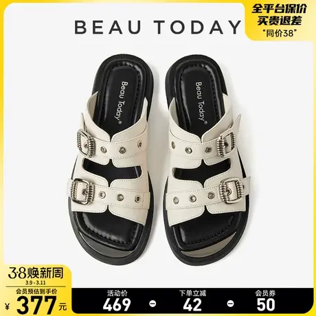 BeauToday真皮拖鞋女春外穿凉拖鞋2024新款法式平底凉鞋女款春季商品大图