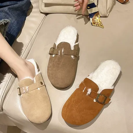 勃肯鞋女2023新款毛毛拖鞋女冬外穿一脚蹬加绒博肯单鞋包头半拖鞋图片