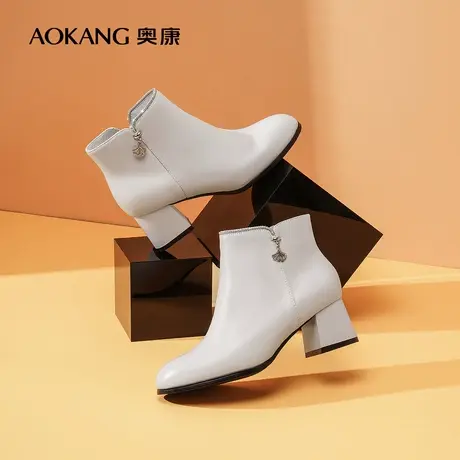 【门店发货】奥康女鞋 2022冬季新款女士短靴粗高跟百搭妈妈鞋潮图片
