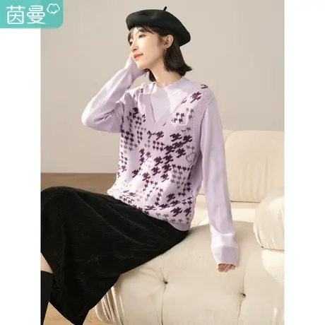 【商场同款】茵曼女冬新款宽松慵懒提花千鸟格图案假两件毛衣图片