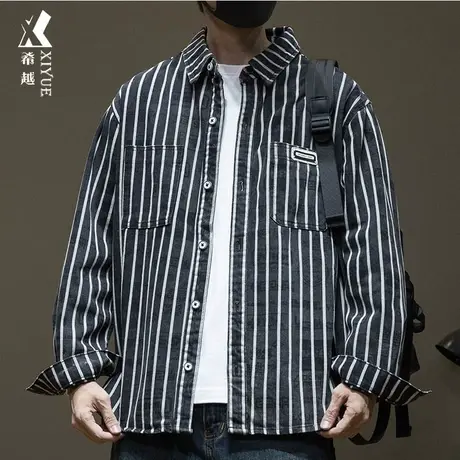 希越美式条纹牛仔衬衫男2024春秋款宽松大码男士休闲外套翻领夹克图片