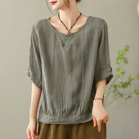 dza复古压褶全棉T恤女2023夏季薄款纯色打底体恤休闲宽松套头上衣图片
