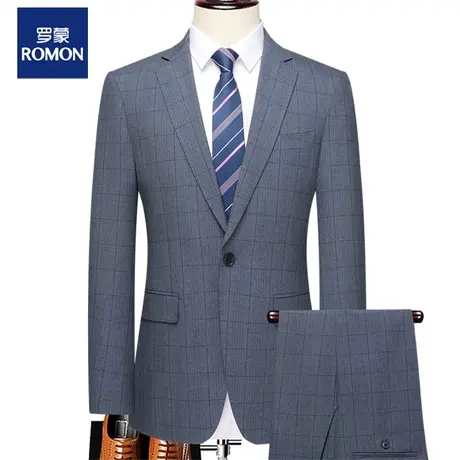 罗蒙男士西服套装春秋新款商务休闲高档格子西装结婚礼服正装套装商品大图