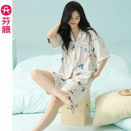 芬腾女士睡衣2025年夏季纯棉短袖短裤夏天休闲薄款条纹家居服套装商品大图