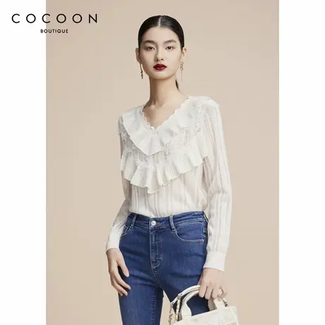 可可尼COCOON 商场同款 2024秋冬新款荷叶边镂空蕾丝拼接针织衫女图片
