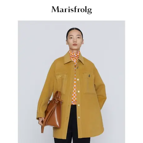 【衬衫式外套】玛丝菲尔冬季新款深咖色宽松翻领衬衫毛呢外套商品大图