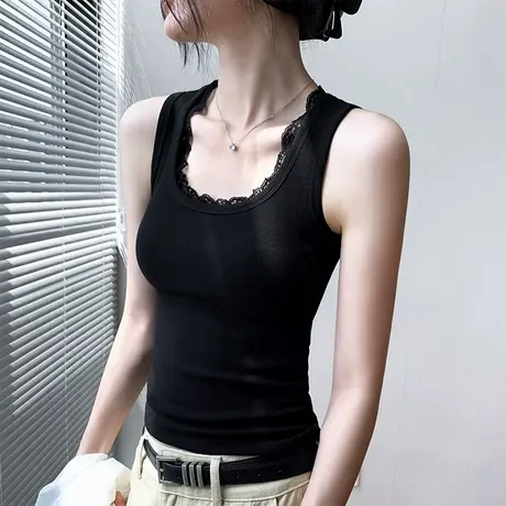 法式蕾丝花边方领背心女吊带挂脖2025新款修身显瘦内搭无袖上衣女商品大图