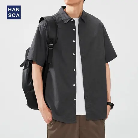 hansca亚麻纯色衬衫男短袖潮牌2025夏季痞帅日系宽松透气衬衣外套商品大图
