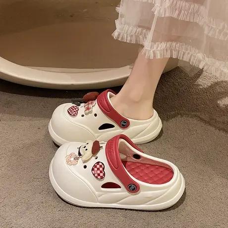 可爱花朵小狗洞洞鞋女夏季学生厚底增高防滑可外穿包头沙滩凉拖鞋商品大图