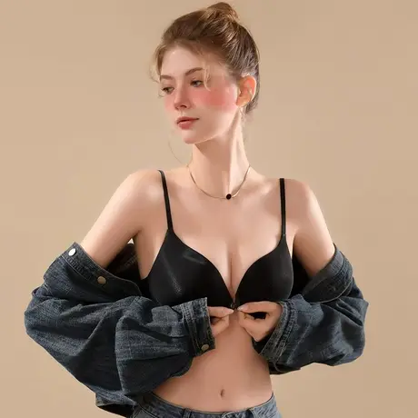 前扣聚拢文胸小胸显大调整型黑色胸罩bra无钢圈细肩带内衣女秋冬商品大图