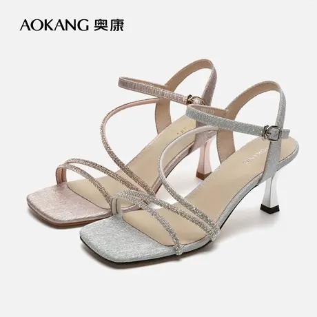 【门店发货】奥康女鞋 新款水钻露趾方头仙女风时装凉鞋图片